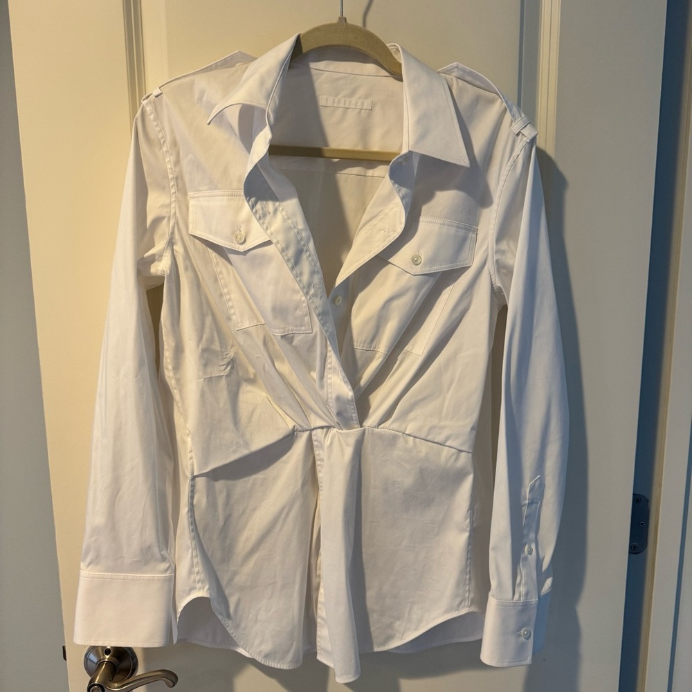 Helmut Lang Gathered Button-Front Long Sleeve Knot White Shirt | S - Picture 3 of 8
